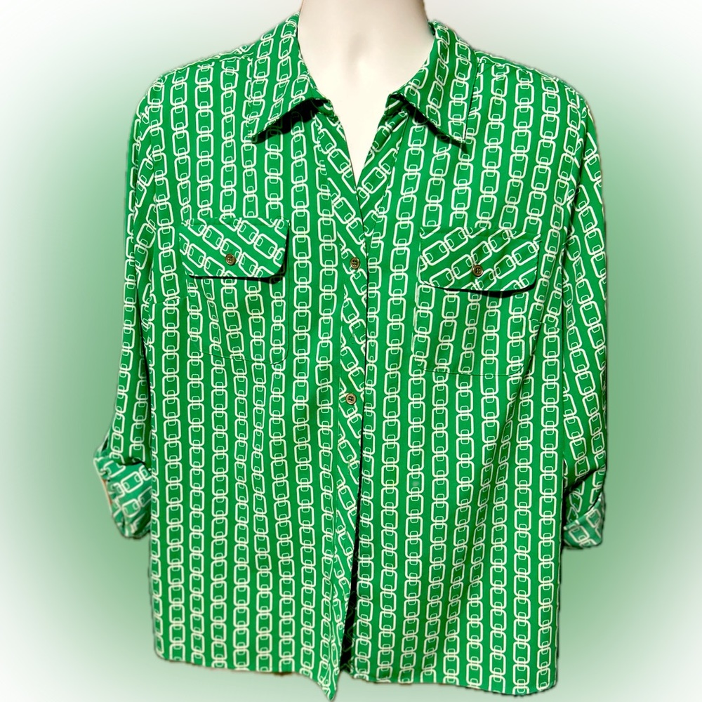 Vintage Notations Blouse XL Excellent Condition Kelly Green w White Chain Links